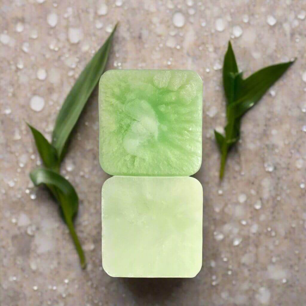 Green fresh forte soap surrounded by plant leaves and raindrops.