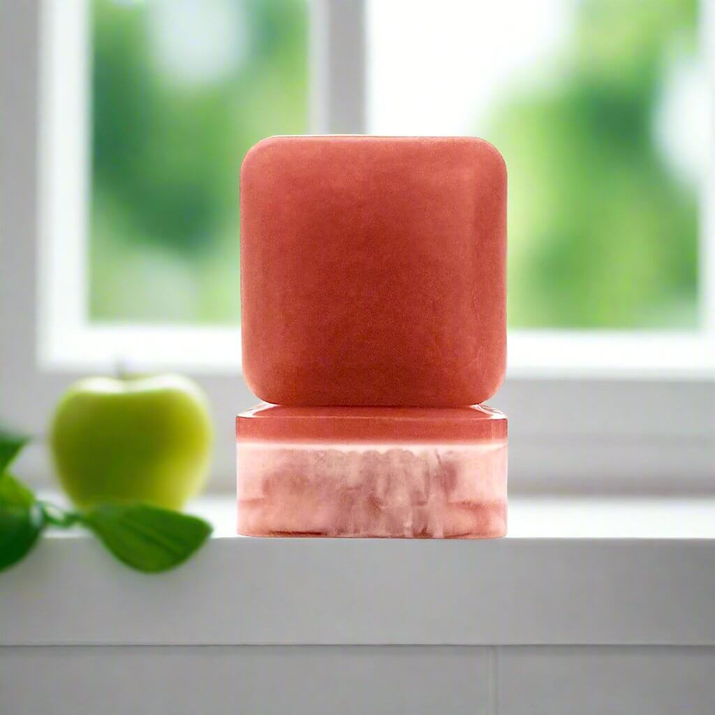 Macintosh Music soap bars in front of a bright bathroom window.