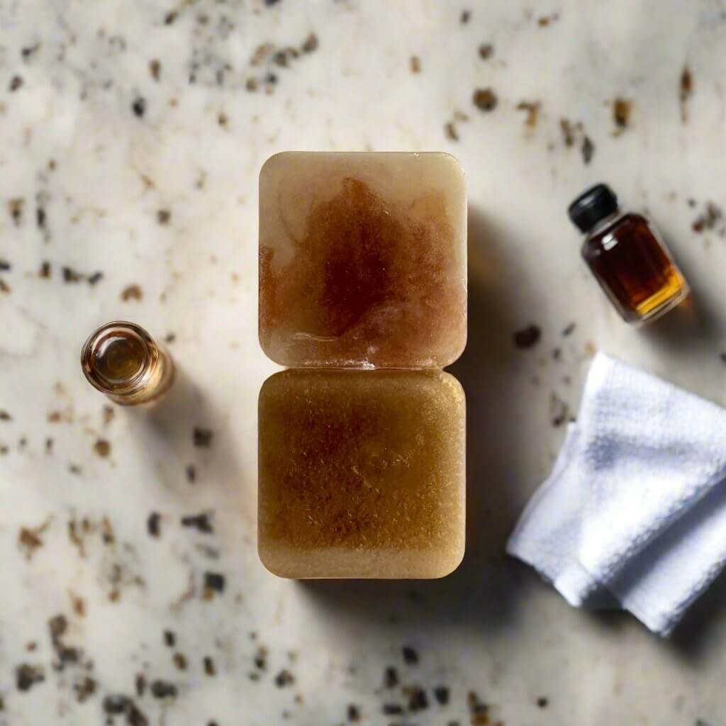 Measure of a Man soap laying on a stone tiled shower floor next to a white washcloth a couple mini bottles pf bourbon. 