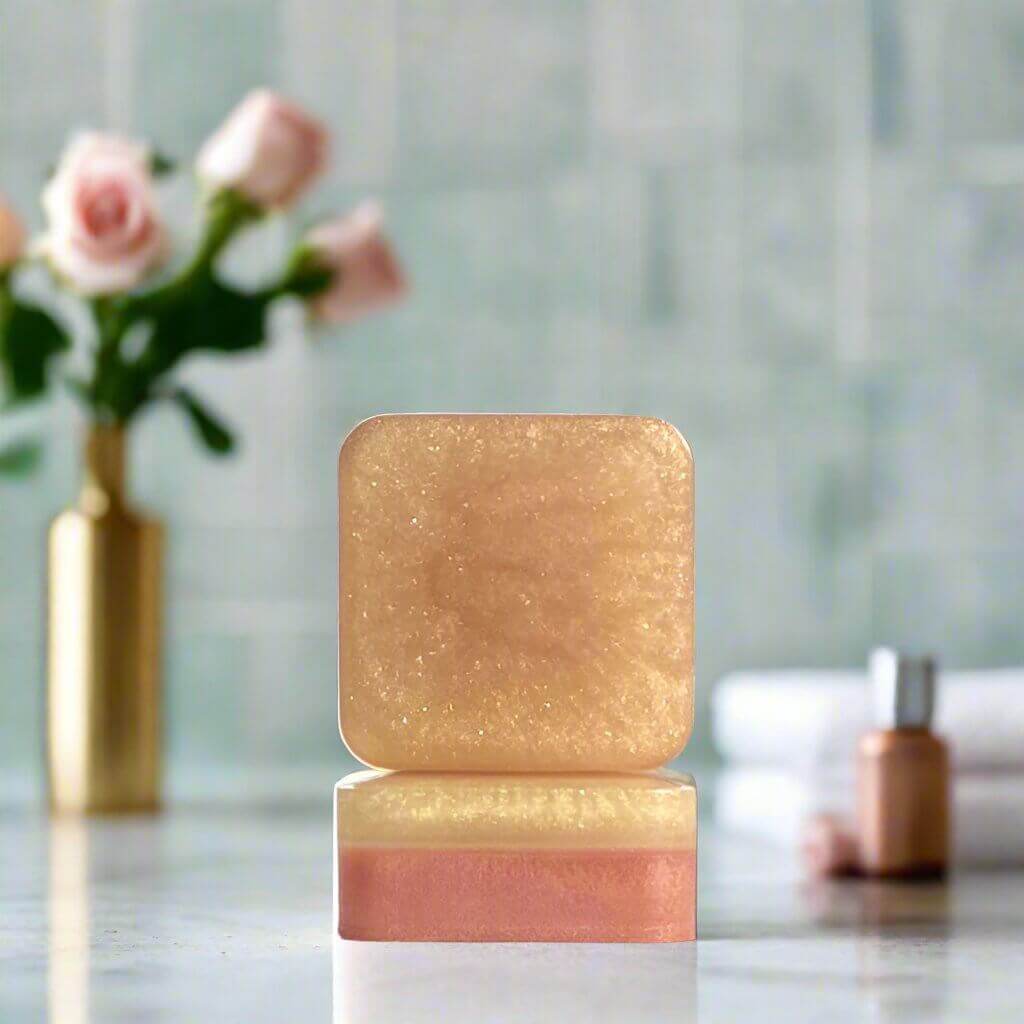 Rosegold Rhapsody soap on a marble bathroom counter next to folded white towels and a vase of roses.