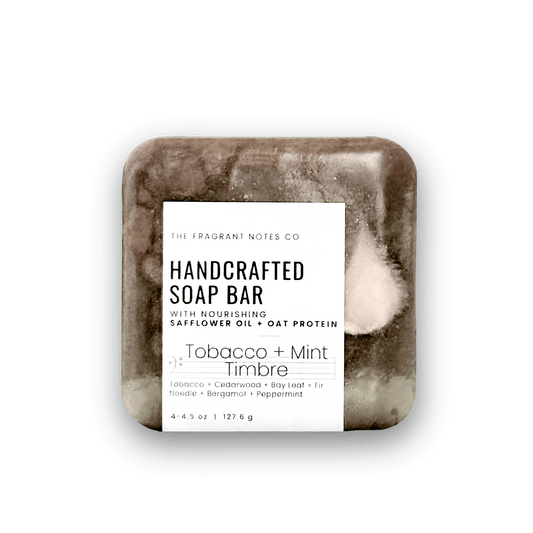 A transparent view of Tobacco + Mint Timbre Handcrafted Soap Bar.