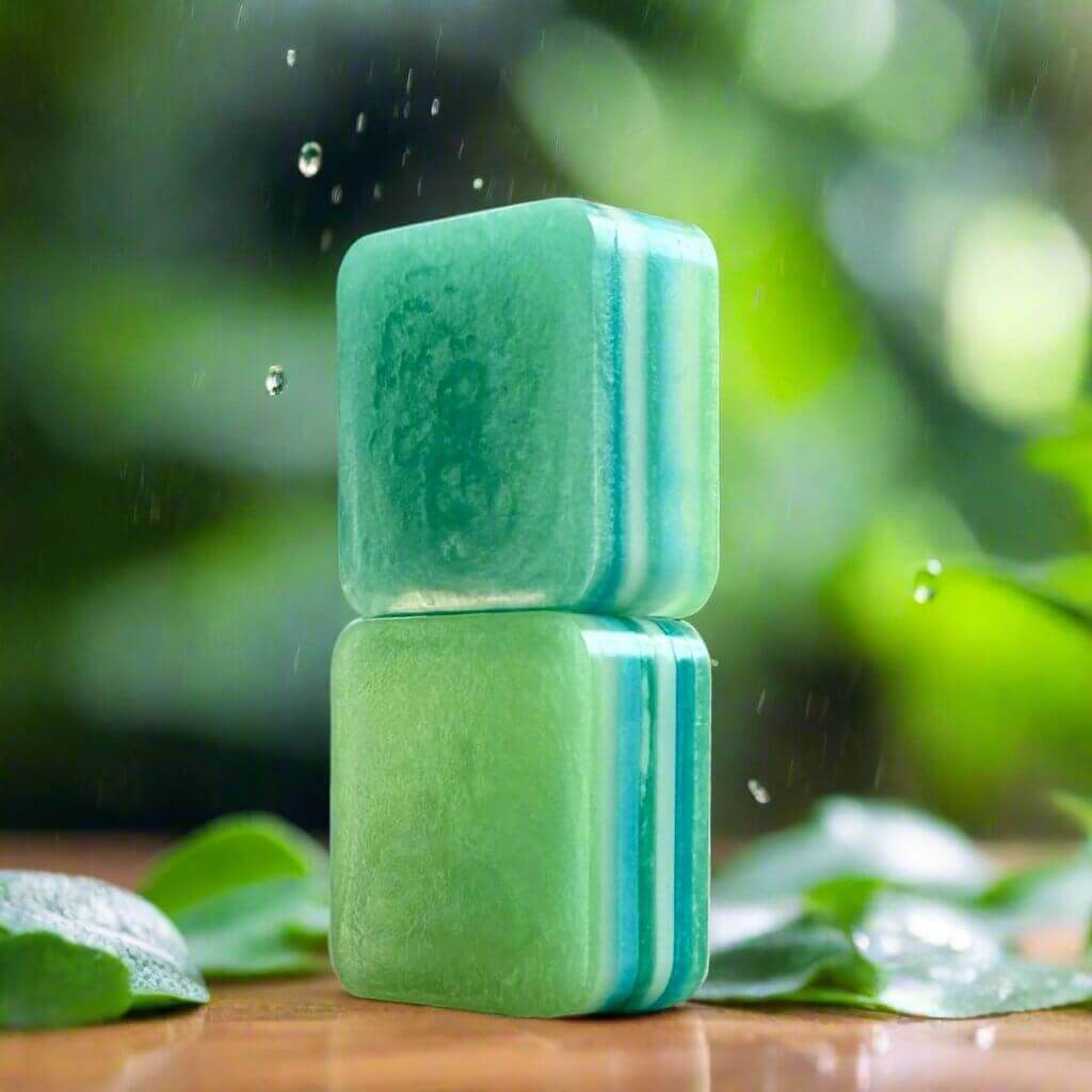 Two bars of Vibrant Vibes Handcrafted soap outside in bright, lush greenery after a fresh rainfall.